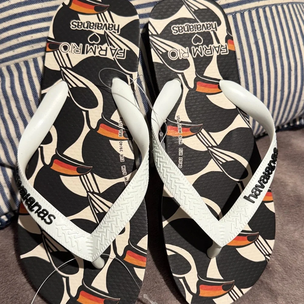 FARM Rio x Havaianas  Black Flip‎ Flops with White Straps and Orange Accent